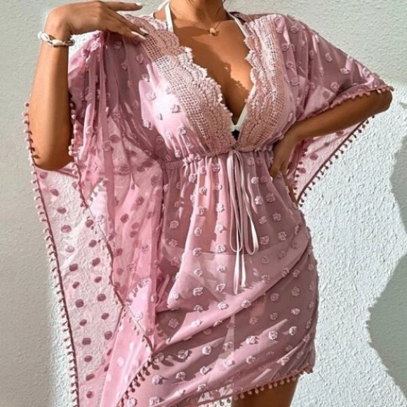 Lace detailed Pom pom Trim Knot Swiss Dot Cover Up Pink - Picture 2 of 6